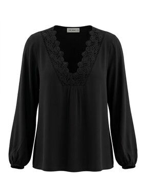 The Nines Blouse Size Small Crochet Lace V-Neck Blouse Black Rayon Modern Boho